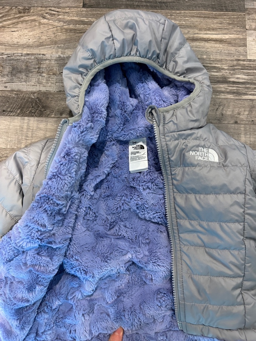 The North Face Shasta Light Gray Puffer Jacket with Lavender Fleece Lining